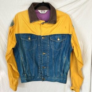 VINTAGE oui oui Yellow and Blue Denim Jacket Sz small leather lapel